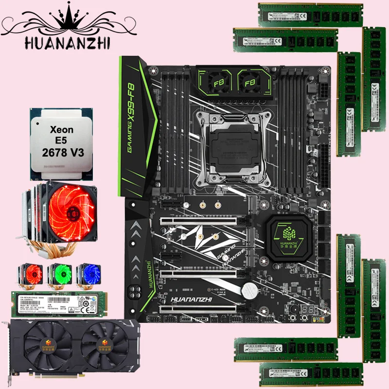 Scheda Madre Huananzhi X99-F8 Con Processore Ssd 512G Xeon 2678 V3 Cpu Cooler Ram 64G(8*8G) Ddr4 Reg Ecc Gtx1660 6G Scheda Video
