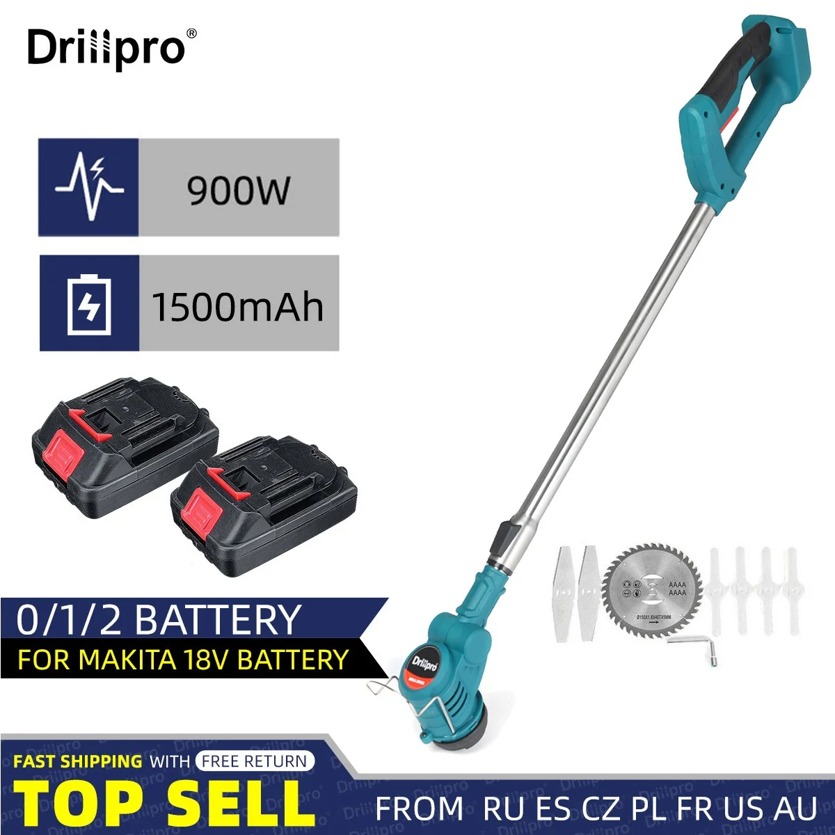 Drillpro 21V 900W Tosaerba Elettrico Li-Ion Cordless Grass Trimmer Potatura Attrezzi Da Giardino Batteria Compatibile Makita 18V