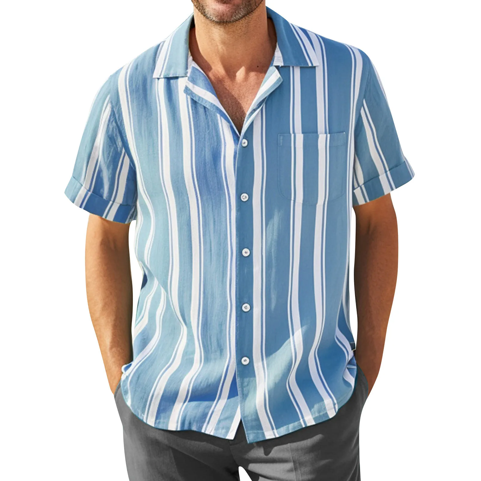 2023 Camicia A Maniche Corte Allentata Moda Casual Jacquard A Righe In Lino Da Uomo Esplosivo Transfrontaliero Amazon Express