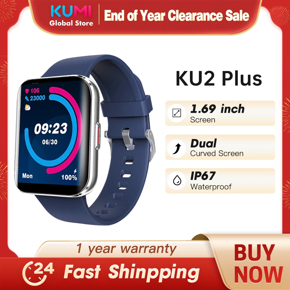 Kumi Ku2 Plus Smart Watch 1.69 Pollici 2.5D Smartwatch Fitness Cardiofrequenzimetro Orologio Per Uomo Donna Ossigeno Nel Sangue Ip67 Per Android