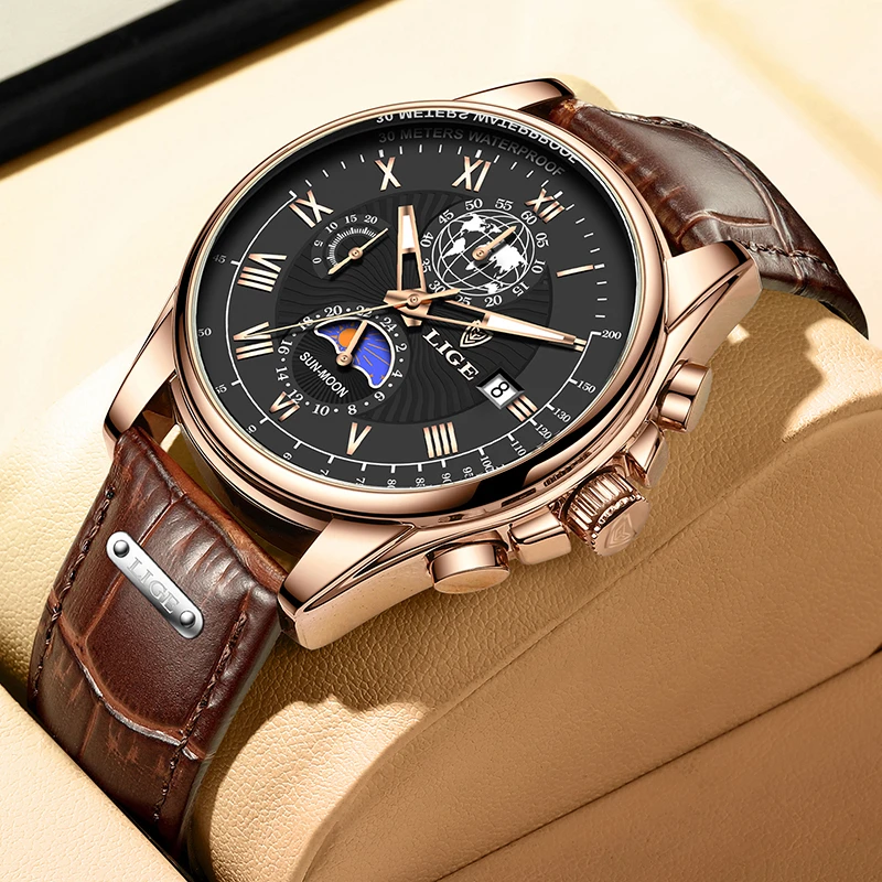 2023 Lige Orologi Da Uomo Top Brand Luxury Brown Leather Chronograph Orologio Sportivo Per Uomo Fashion Date Orologio Impermeabile Reloj Hombre
