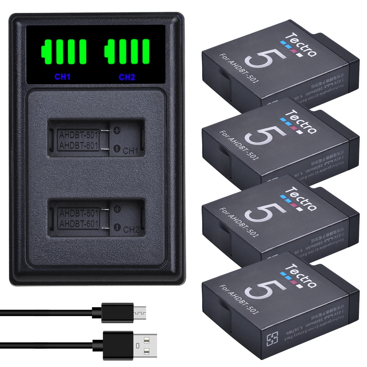 Sostituzione Batteria 4X1600Mah Gopro Hero 5 + Led Usb Dual Charger Per Gopro Hero 8 Hero7 Hero 6 Hero 5 Action Camera Batteria