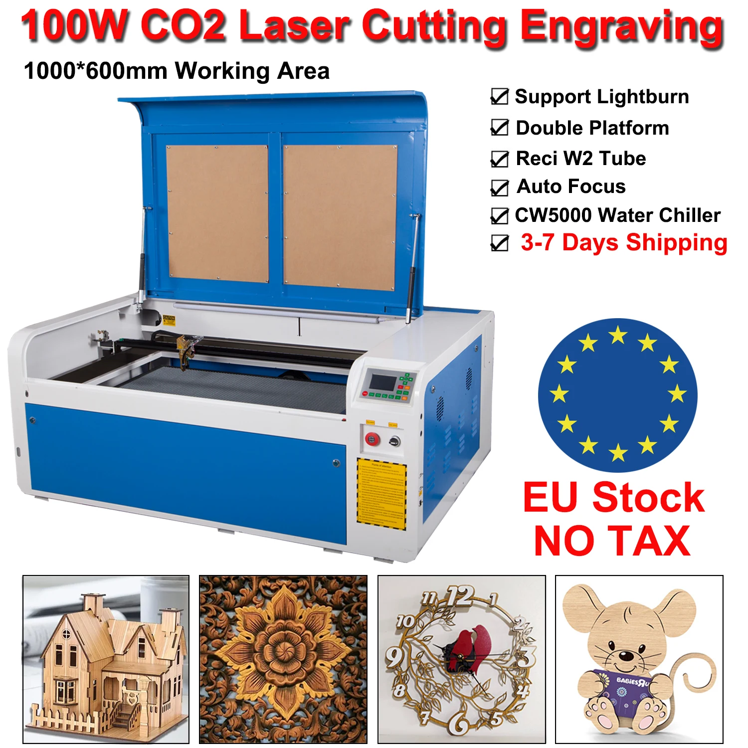 100W Co2 Macchina Da Taglio Per Incisione Laser Incisore Laser 1000*600Mm Reci W2 Co2 Laser Tube Engraver Tessuto Legno Pelle Eu Ship