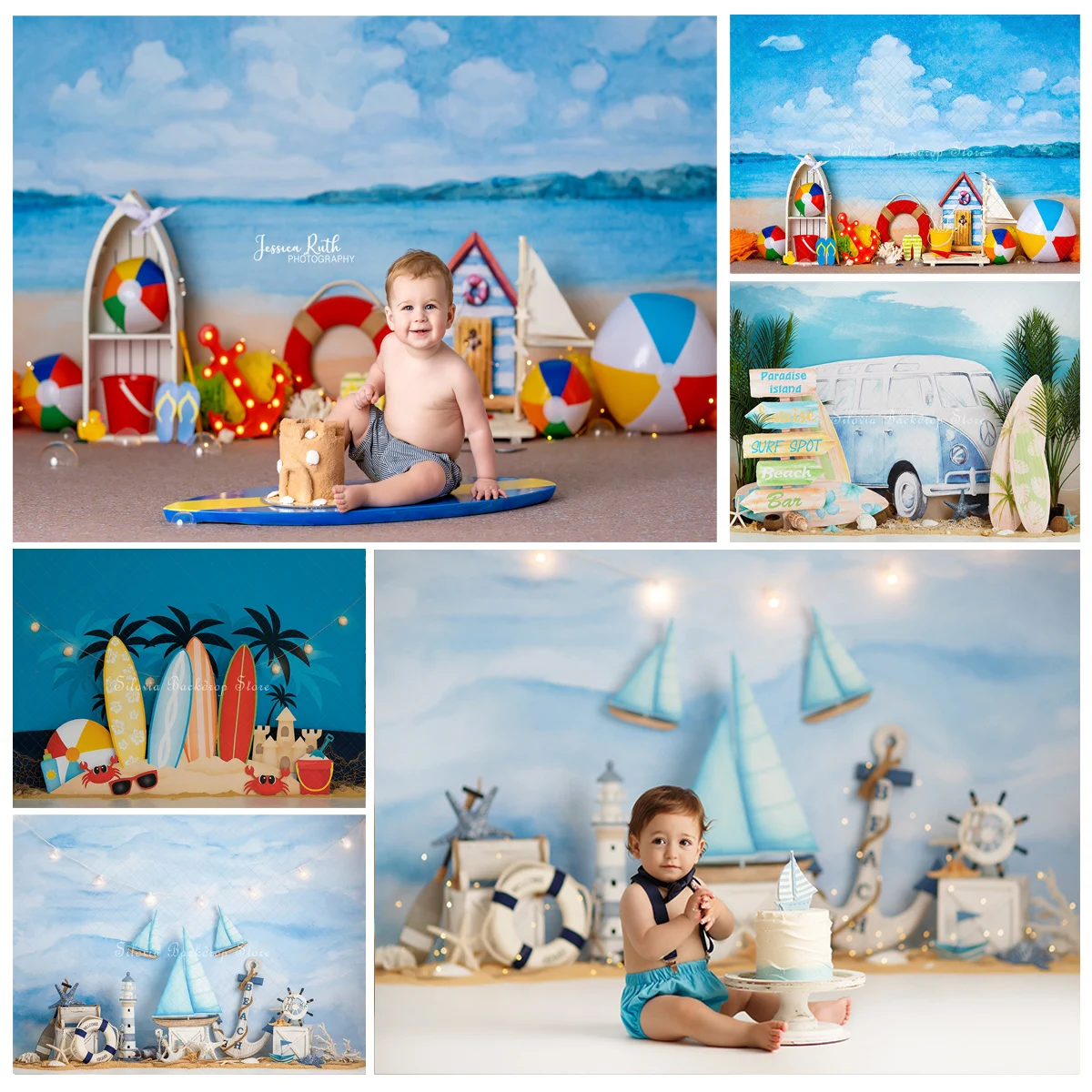 Summer Beach Photo Background Kids Birthday Cake Smash Photography Fondale Surfs Up Dude Pool Party Photo Studio Puntelli