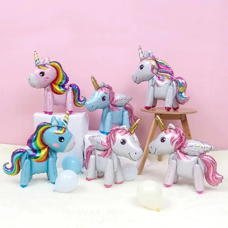 Happy Birthday Unicorn Balloons Figures Stand Cute Unicorn Foil Ballons Accessories 3D Unicornio Horse Baby Shower Favors