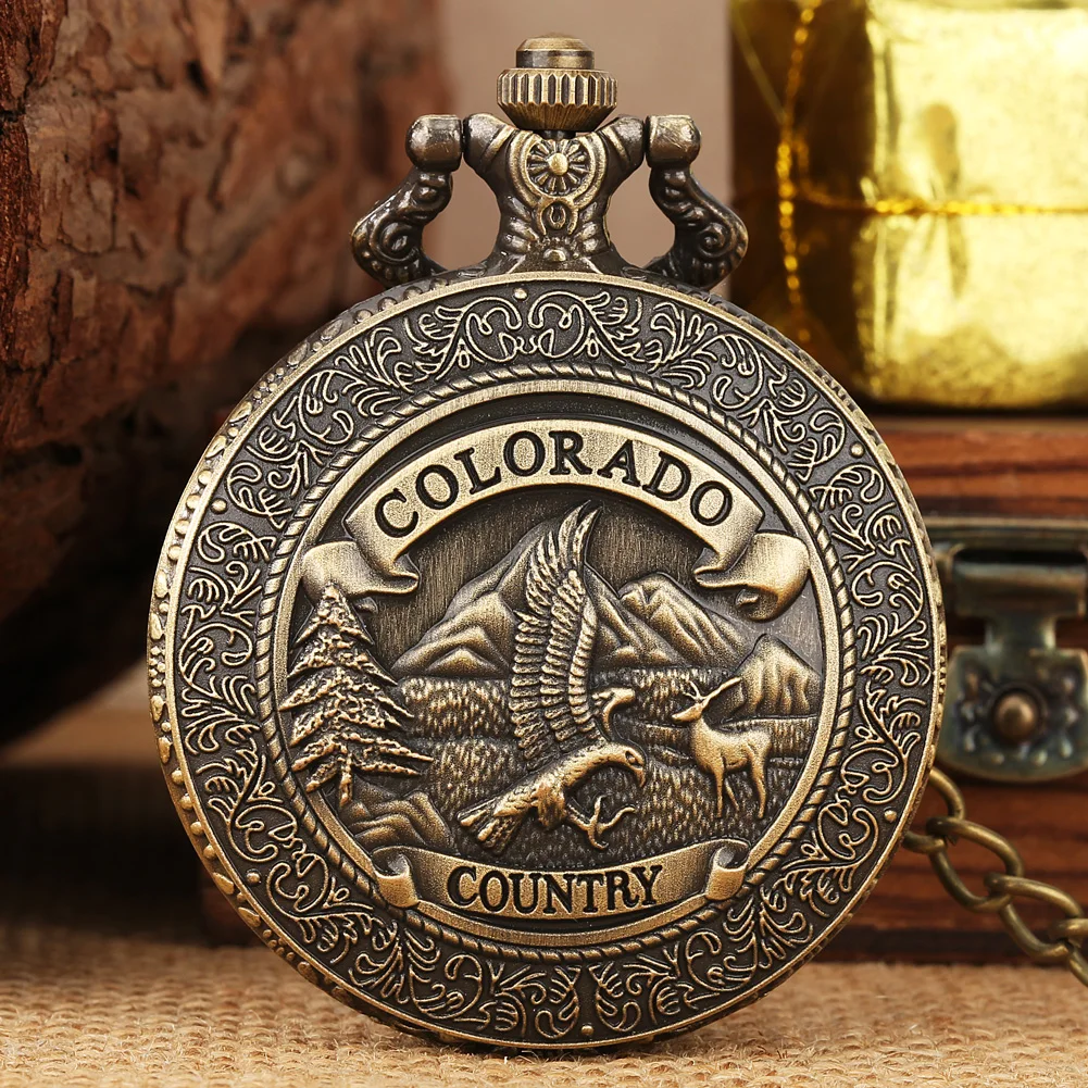 Retro Bronze Colorado Country Eagle Movimento Al Quarzo Orologio Da Tasca Elk Animal Pattern Collana Steampunk Fob Clock Pendant Gifts