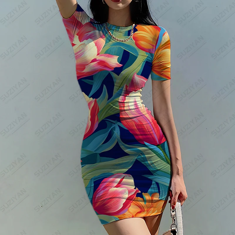Summer New Ladies Slim Dress Tulip 3D Printed Lady Dress Beautiful Ladies Slim Dress Trend Fashion Ladies Slim Dress