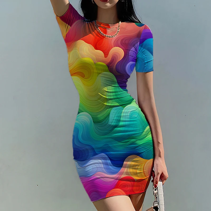 Summer New Lady Slim Dress Rainbow Color Blooming 3D Printed Lady Dress Beautiful Lady Slim Dress Trend Ladies Slim Dress