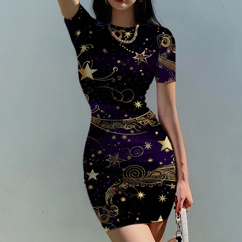 Summer New Lady Slim Dress Star Night Sky 3D Printed Lady Dress Beautiful Lady Slim Dress Fashion Trend Lady Slim Dress