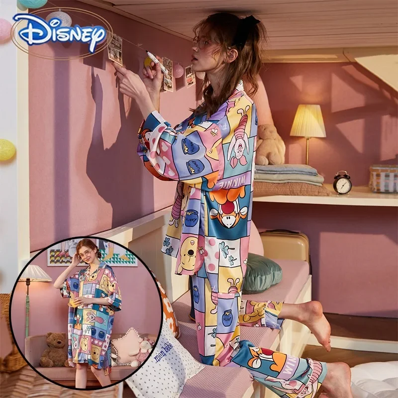 Kawaii Disney Pigiama Da Notte Da Donna Set Primavera Autunno Camicie Cartoon Pooh Bear Home Costume Da Notte Maialino Intimo Regali