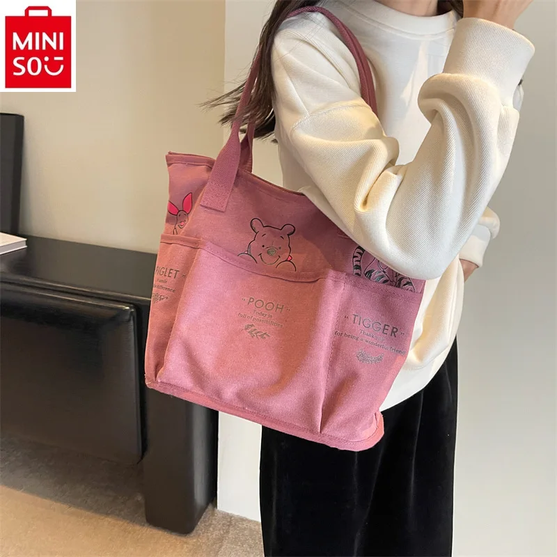 Miniso Disney Cartoon Winnie The Pooh Canvas Handbag Fashion Ladies Casual Large Tote Bag