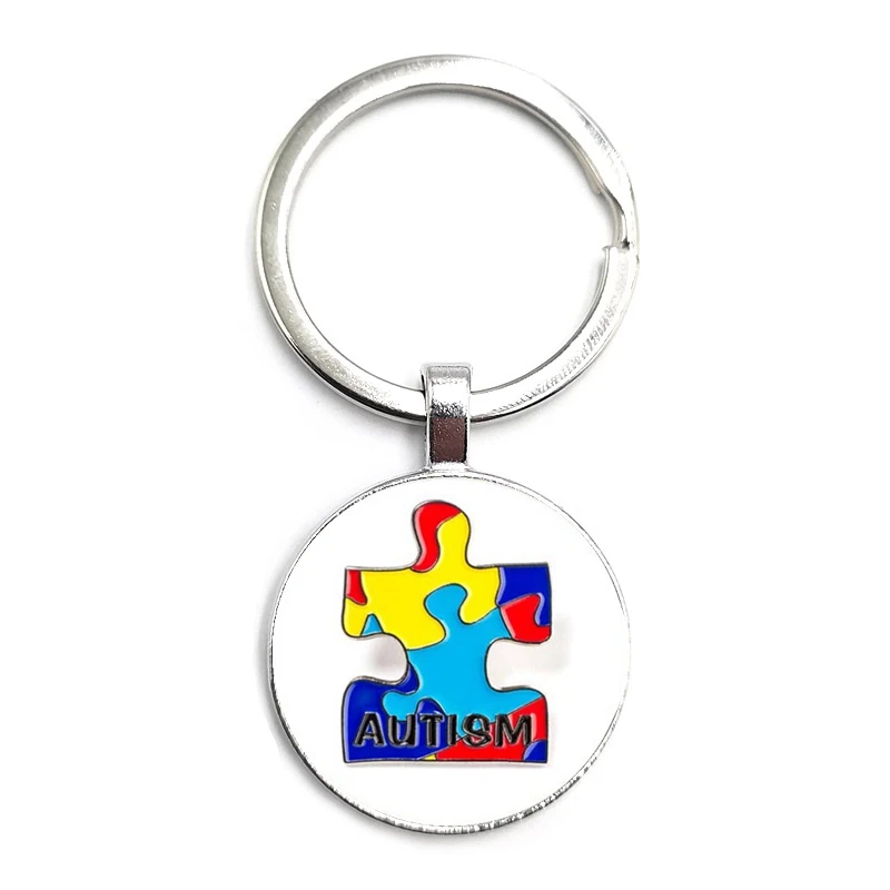 2020 Nuovo Arrivo Pezzo Di Puzzle Del Cuore Di Amore Portachiavi Autism Awareness Puzzle Colorato Di Vetro Cabochon Anello Chiave Regalo Di Famiglia
