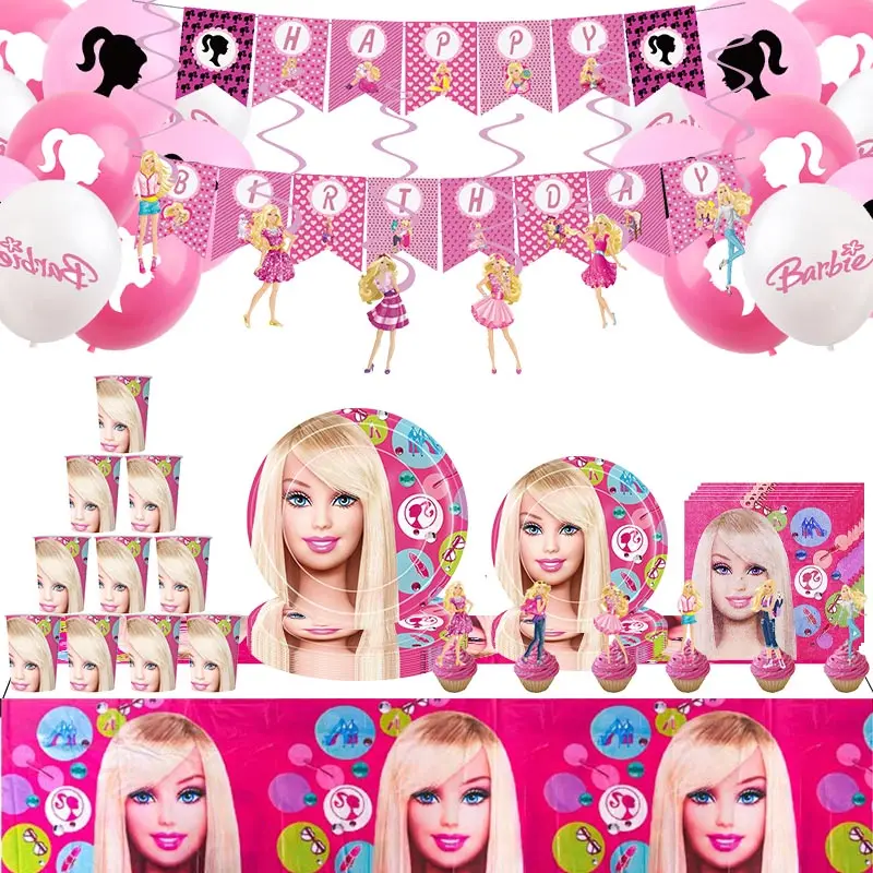Barbie Birthday Party Decoration Pink Barbie Girl Theme Stoviglie Balloon Cups Piatti Tovaglioli Forniture Per Feste Per Kid Baby Shower
