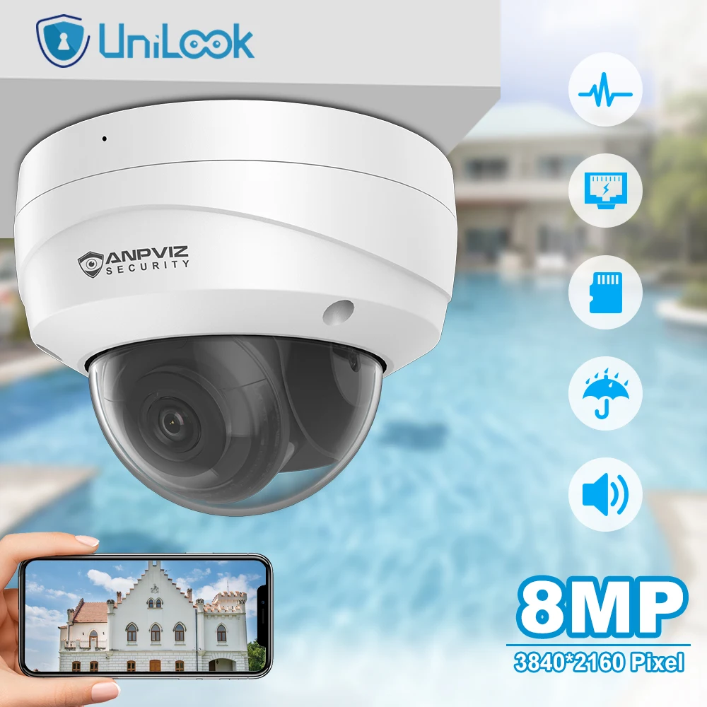 Unilook 4K 8Mp Ip Dome Camera Security Poe Outdoor Microfono Integrato Ir Night Vision 30M Home Cctv Suirveillance Camera Ip67