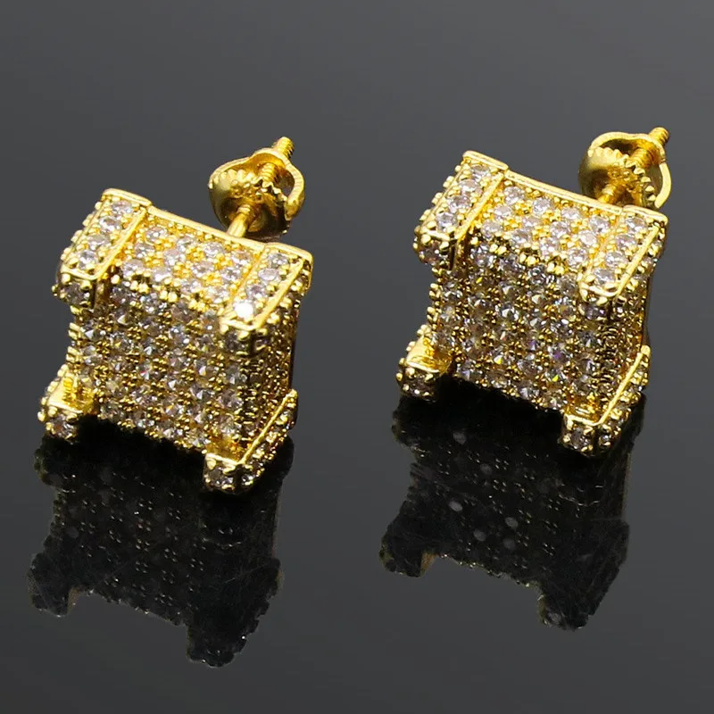 Placcato In Oro Bling Ghiacciato Zircone Cubico Micropave Orecchino Quadrato Per Uomo E Donna Gioielli Hip Hop Nuova Moda