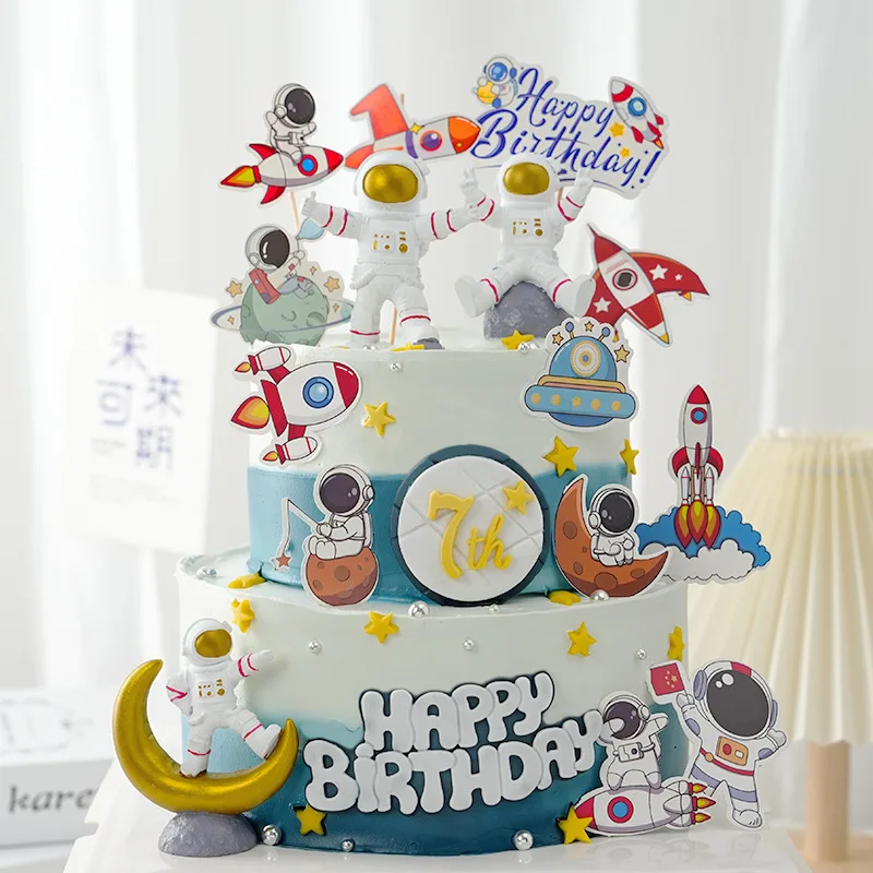 Astronauta Cake Topper Happy Birthday Plane Star Rocket Wedding Kids Girl Boy Party Cake Cottura Fai Da Te Cupcake Toppers Decorazione