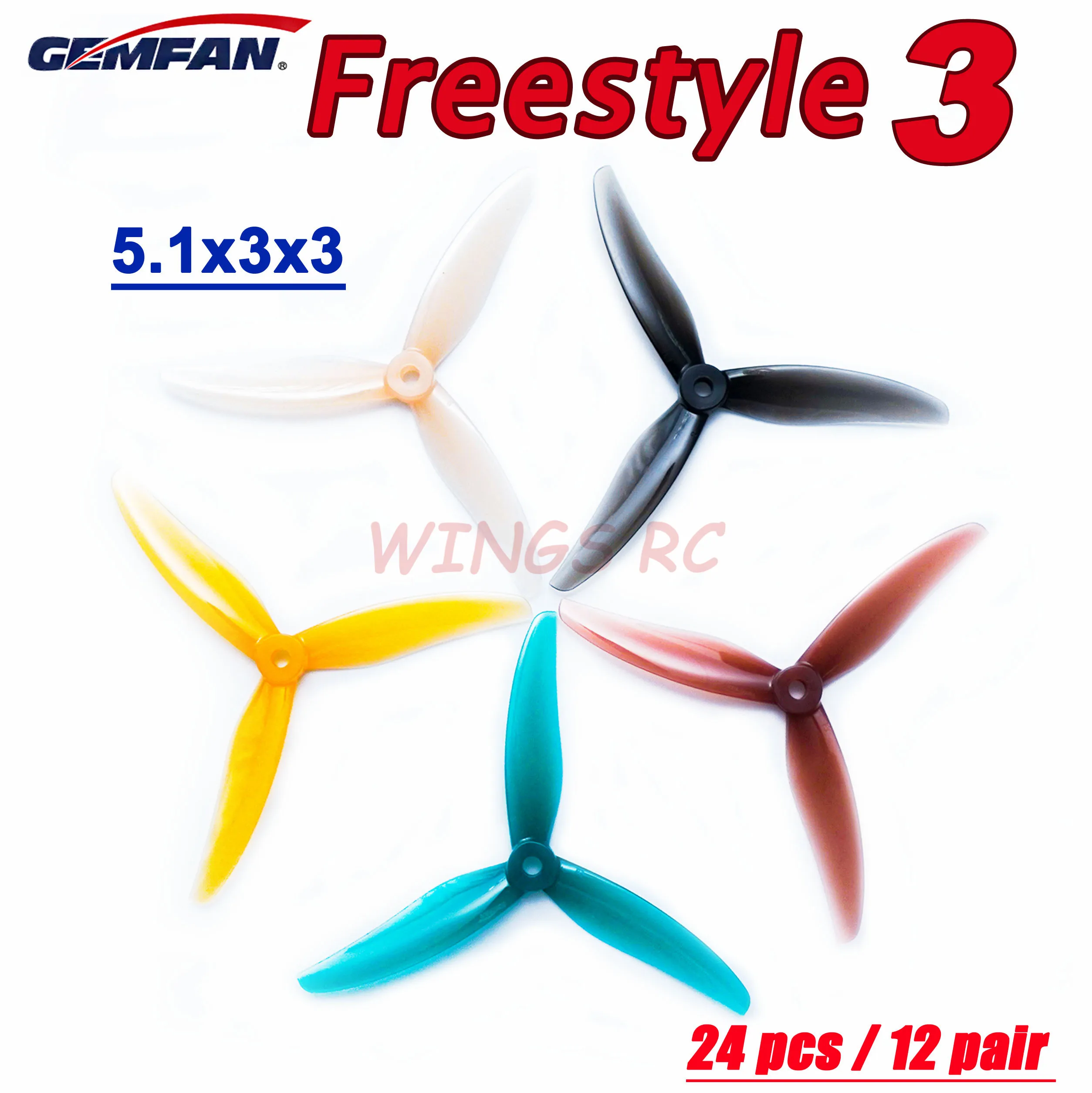 24Pcs/12Pairs Gemfan Freestyle 3S 3 Pale Eliche F3 F3S Freestyle 3 5133 5.1X3X3 Pc Puntelli Per Fpv Freestyle Rc Drone