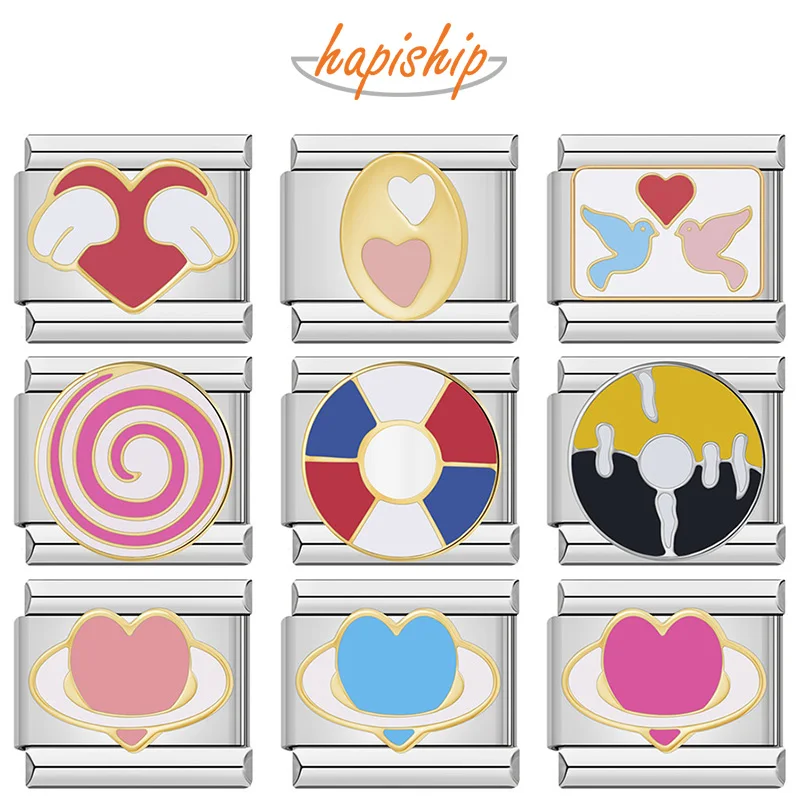 Hapiship 2024 New Fashion Women Romantic Heart Round Italian Charms Links Fit 9Mm Bracciale In Acciaio Inossidabile Gioielli Fai Da Te Dj1140-C