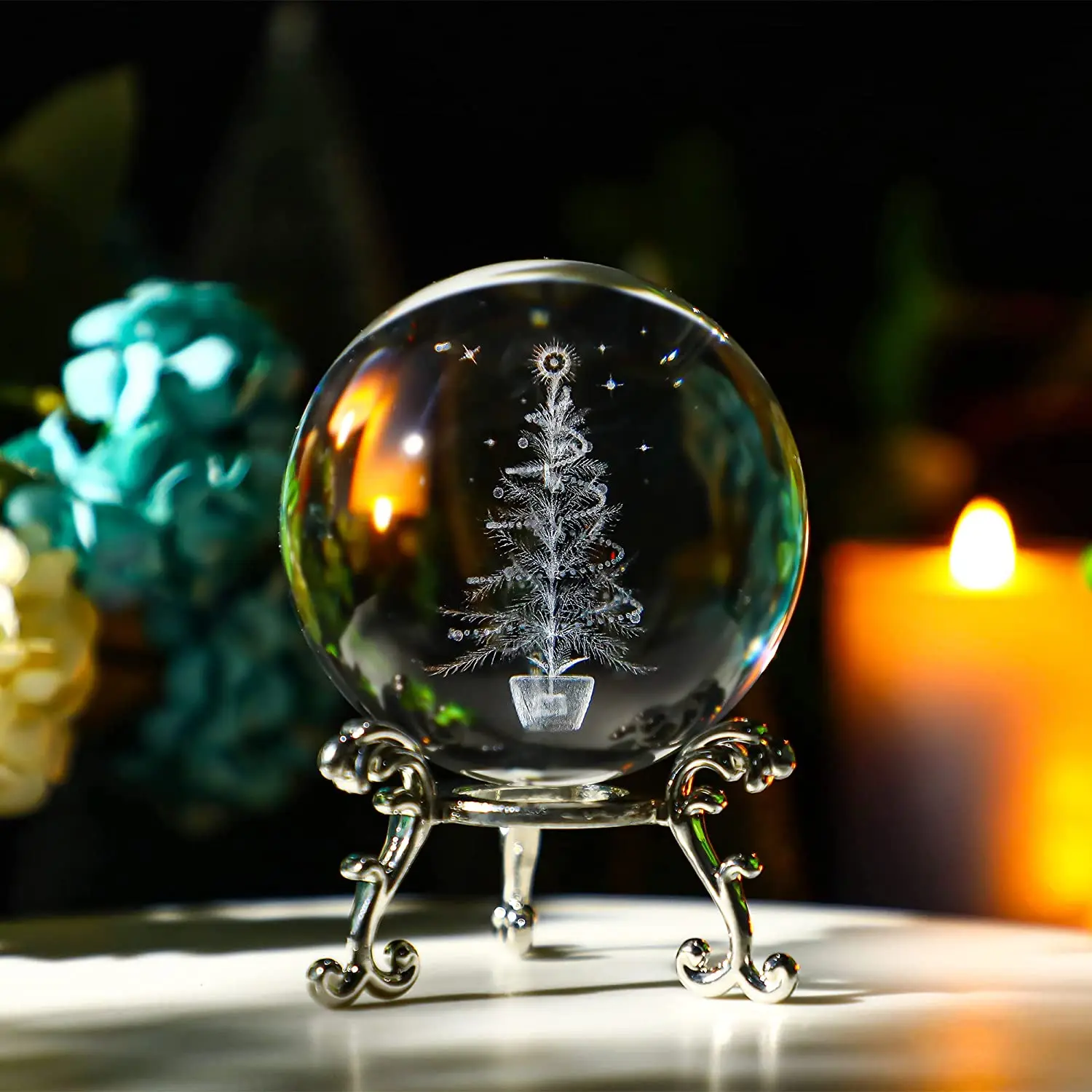H&D 3D Laser Engraved Christmas Tree Paperweights Crystal Ball With Stand For For Kids Home Party Christmas Decoration (2.3In)