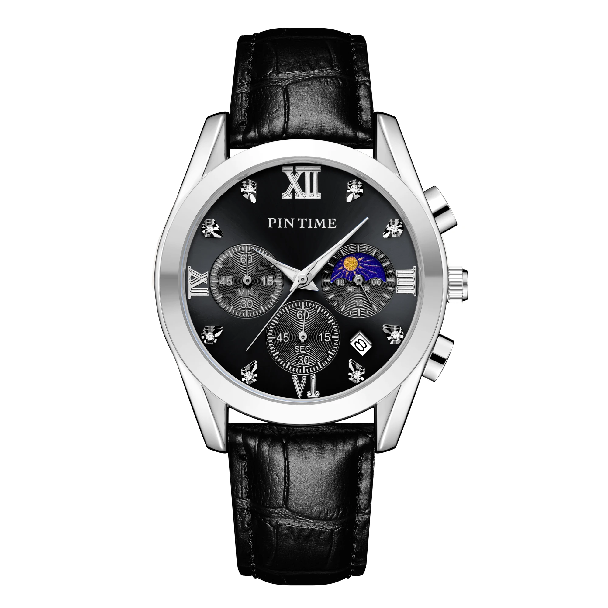 Pintime Men Casual Dress Black Watch Acciaio Inossidabile Moon Phase Dial Work Chrono Function Cronometro In Pelle Luminosa Impermeabile