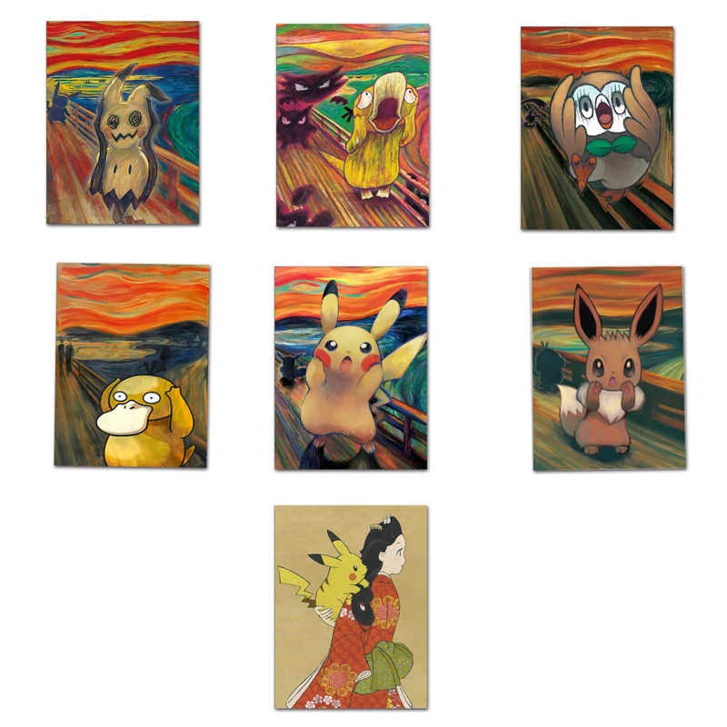 Pokemon Pikachu Scream Stamp Anime Poster Wall Art Vintage Pittura A Olio Style Picture For Room Canvas Painting Decor Gift