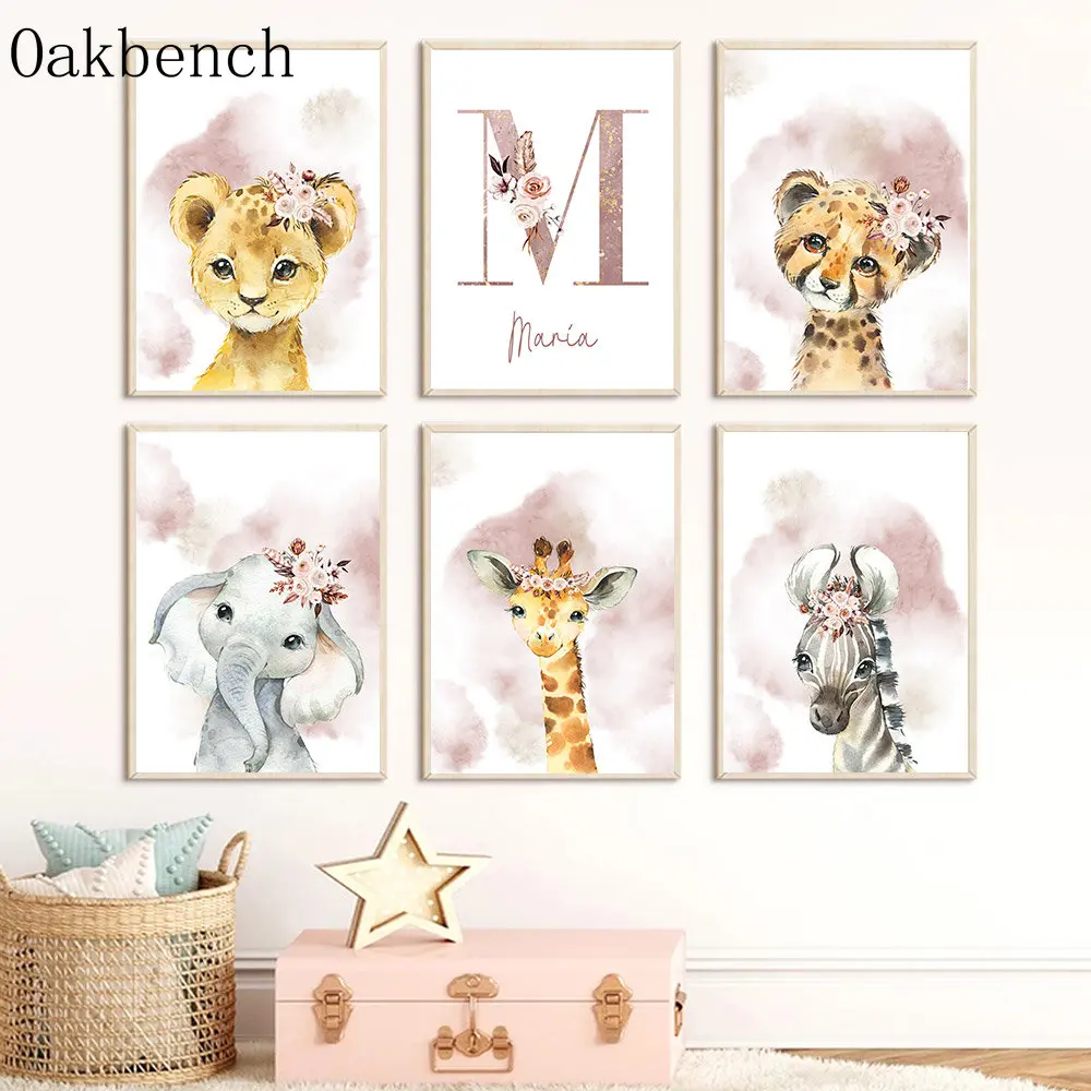Nome Personalizzato Canvas Poster Animals Art Prints Lion Leopard Wall Art Elephant Wall Pictures Nursery Poster Baby Bedroom Decor