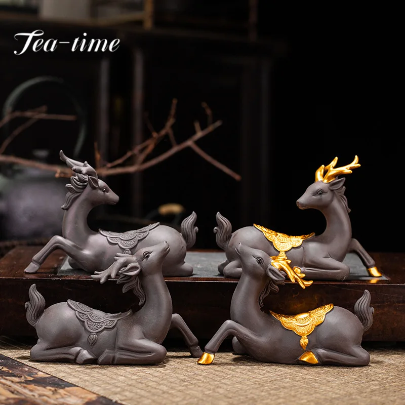 Gold Deer Purple Sand Tea Pet Miniature Squisite Tea Sculpture Tea Figurine Statue Play Tea Cerimonia Forniture Cinesi Craft