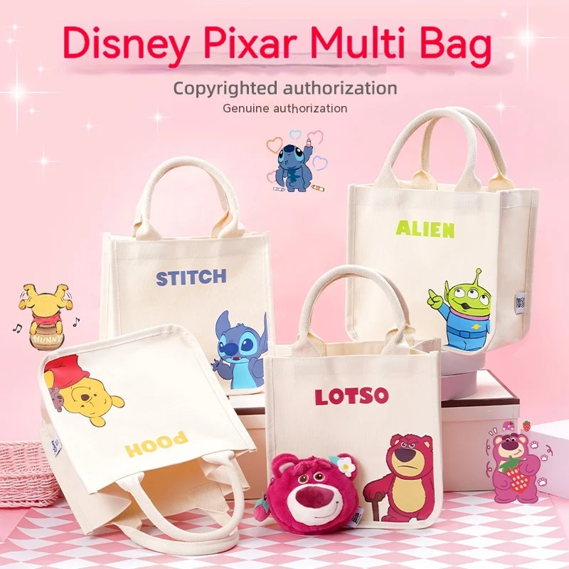 Disney Canvas Handbag Cartoon Strawberry Bear Stitch Alien Winnie The Pooh Anime Handbag Lunch Bag Shopping Bag Multiuso