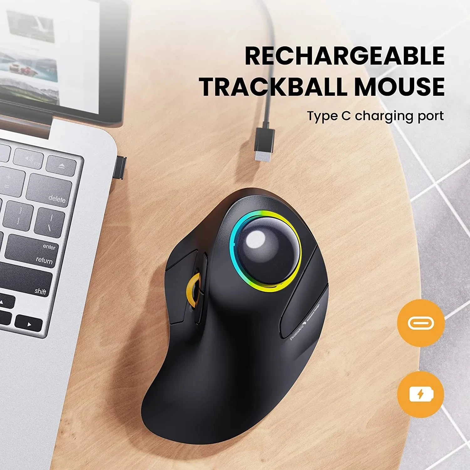 Protoarc Em03 Mouse Rollerball Retroilluminato Rgb Ergonomico Wireless Ricaricabile Per Windows Mac Ipad Bluetooth Trackball Mouse