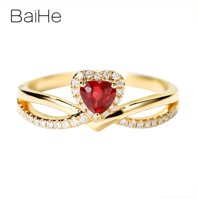 Baihe Solid 14K Yellow Gold Natural Ruby Diamond Crown Heart Ring Regalo Per Donna Trendy Fine Jewelry Making Anillo Corona Corazon