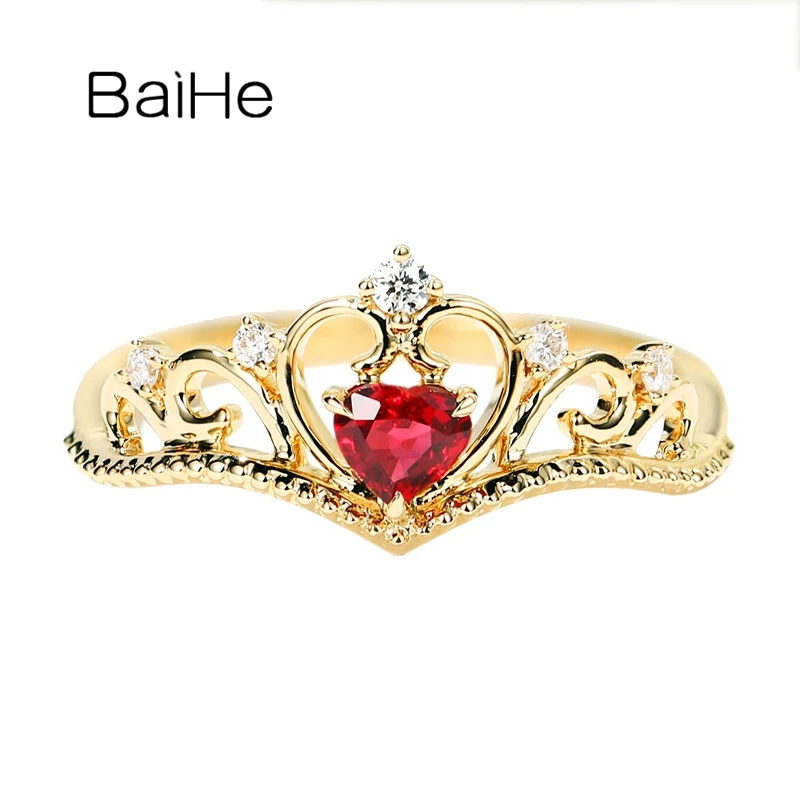 Baihe Solid 14K Yellow Gold Natural Ruby Diamond Crown Ring Women Wedding Fine Jewelry Making Anillo De Corona Kronenring