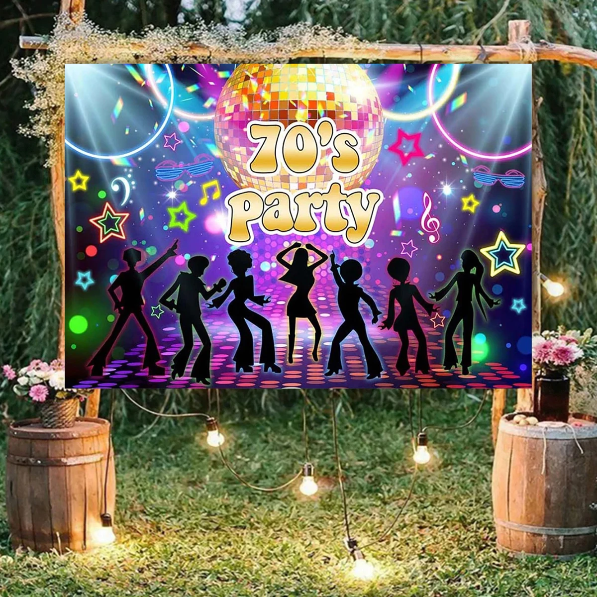 70'S Theme Party Photography Fondale Disco Music Neon Lights Star Glitter Photo Background Back To Revival Photo Studio