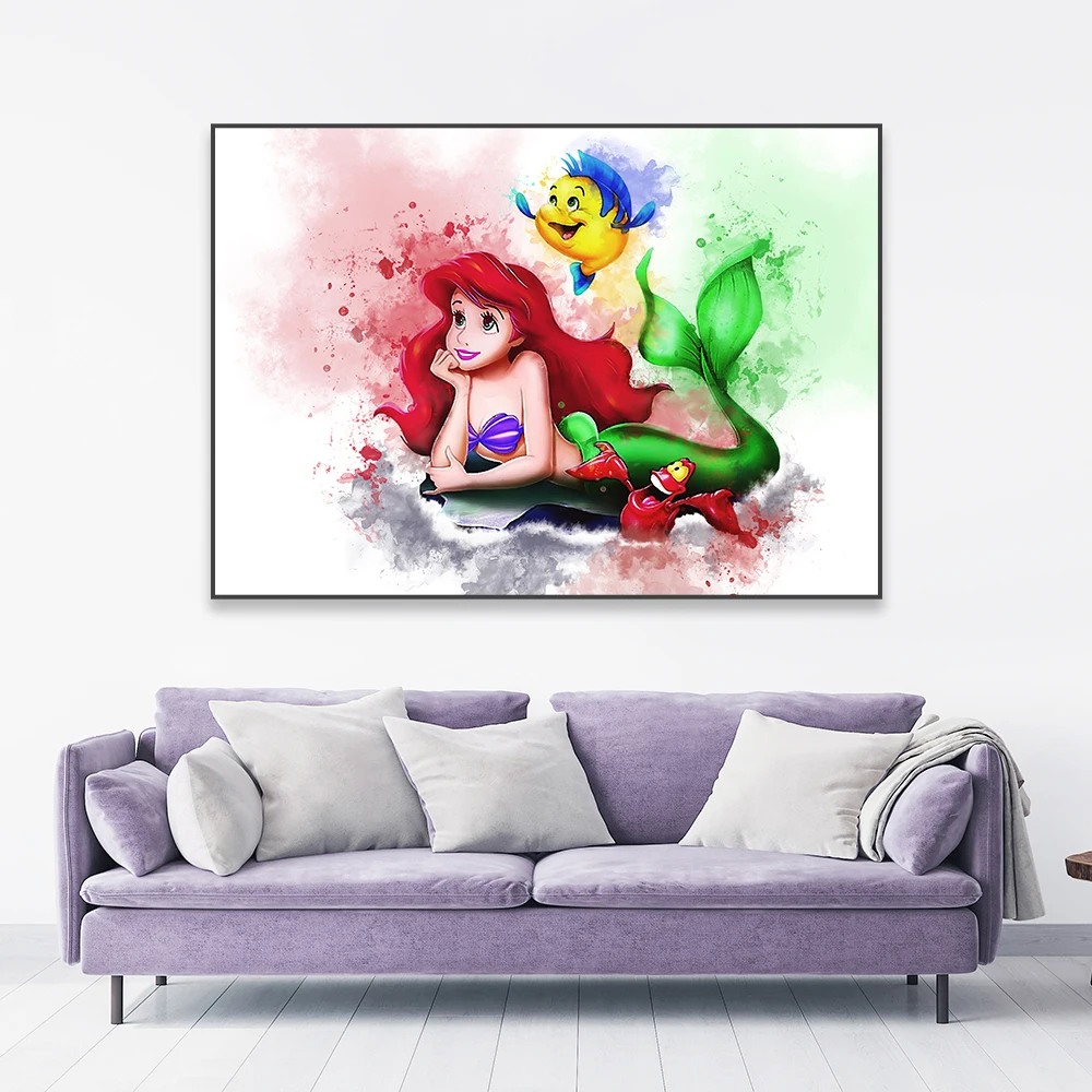 Principessa Sirena Acquerello Stampe D'Arte Disney Princess Splash Effect Art Poster Cartoon Sirenetta Canvas Painting Decor