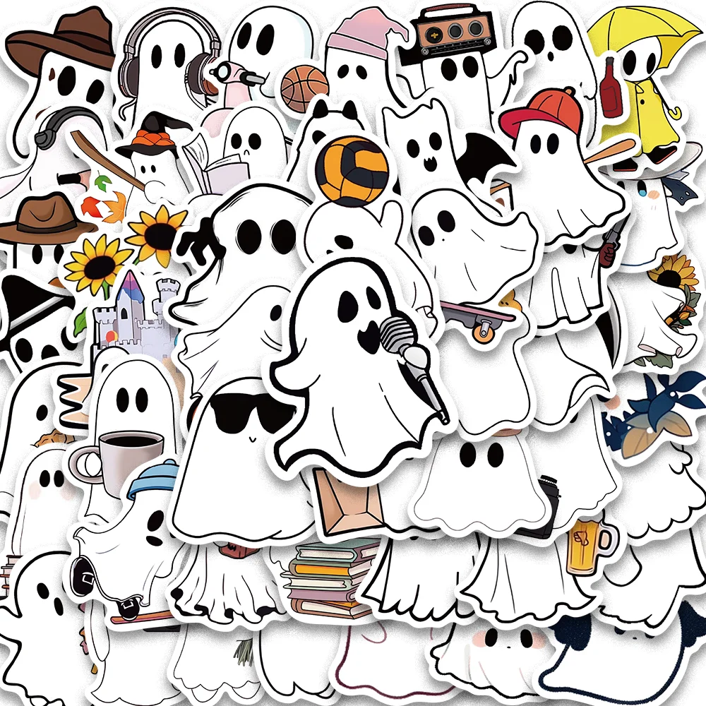 50Pcs Cartoon Cute White Small Ghost Stickers Per Scrapbooking Bagagli Chitarra Laptop Kawaii Decorazione Impermeabile Decalcomania