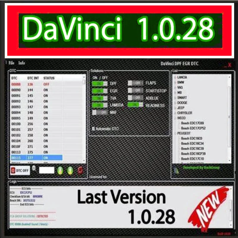 Il Nuovo Software Davinci 1.0.28 Funziona Con Kess/Ktag/Altro Strumento Programmatore Ecu Chiptuning Remapping Remap Davinci V1.0.28 Attiva