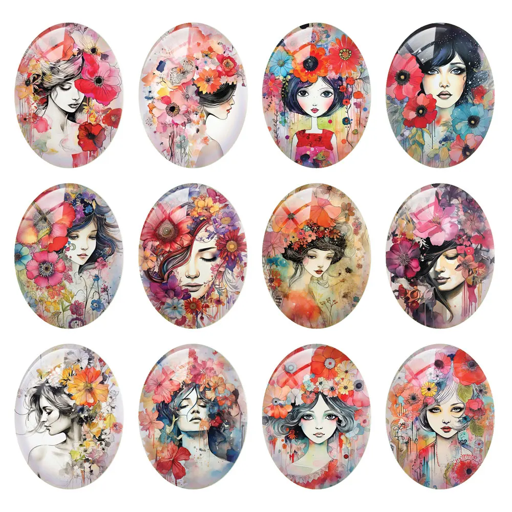 10 Pz/Lotto Ovale Foto Vetro Cabochon Flatback Charms Flower Girls Demo Cameo Posteriore Piatto Per Gioielli Fai Da Te Che Fanno Risultati Forniture