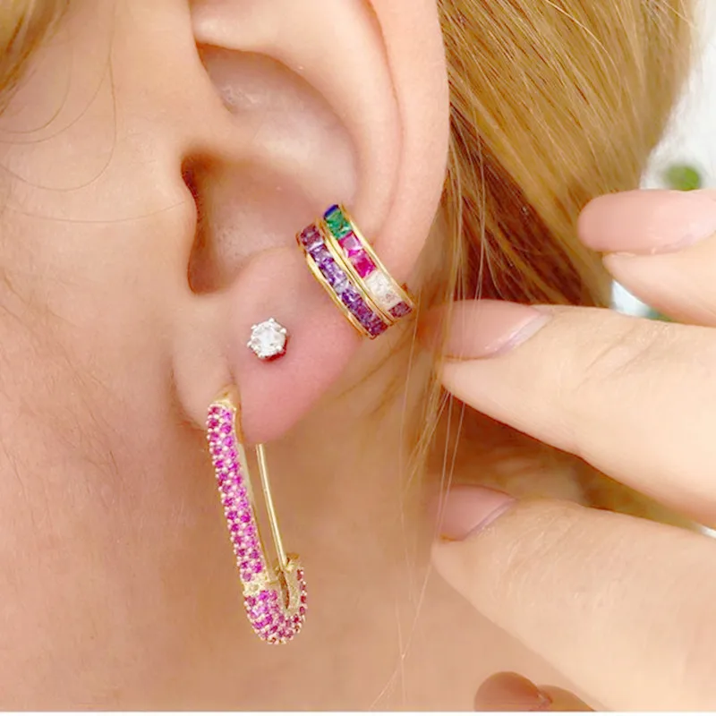 2022 Marca Color Oro Multi Colore Rettangolo Cz Clip Cuff Orecchini Shinning Wedding Fashion No Piercing Minimal Ear Bone Jewelry