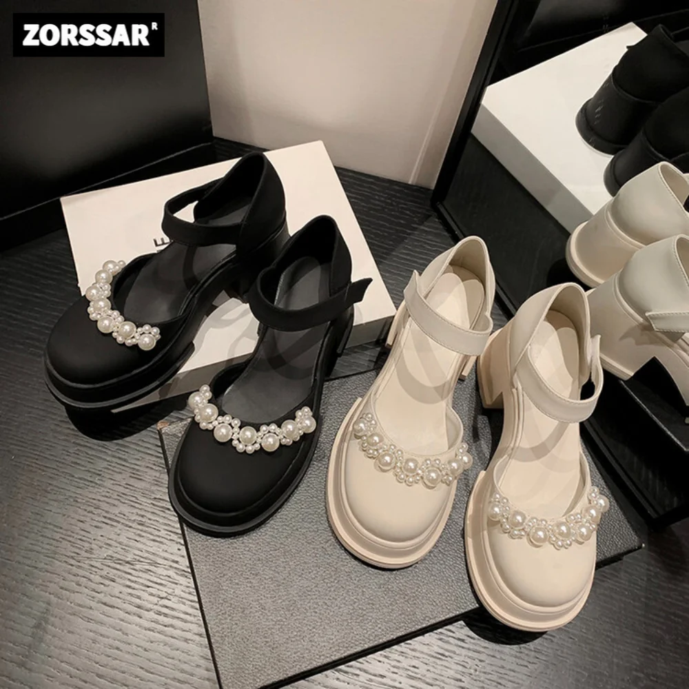 2024 Nuove Donne Lolita Scarpe Piattaforma Mary Jane Sandalo String Perle Punta Tonda Tacco Alto Pompe Superstar Vintage Scarpe Singole