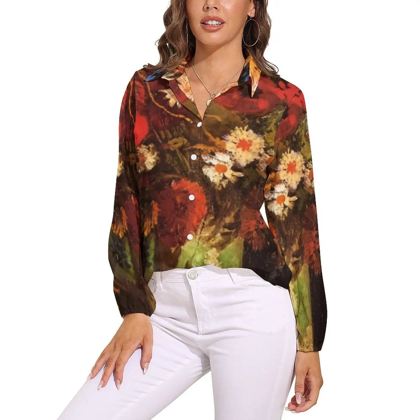 Vincent Van Gogh Camicetta Allentata Poppies Cornflowers Camicette Oversize Classiche Camicie Alla Moda A Maniche Lunghe Femminili Top Grafico Estivo