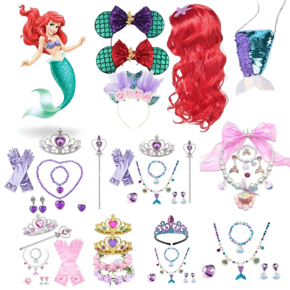 Disney Sirenetta Ariel Accessori Corona Colorata Collana Parrucche Guanti Principessa Fantasia Ariel Gioielli Bambini Fascia Cosplay