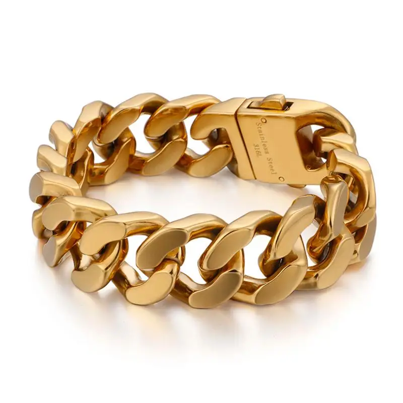 20Mm Heavy Punk 18K Gold Plate Curb Cuban Link Chain Bracciale Gioielli Uomo Donna Hiphop Acciaio Inossidabile Fashion Chunky Wristband