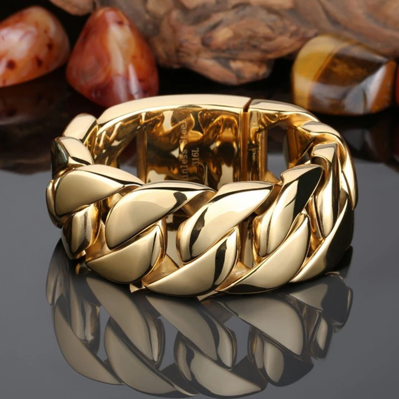 31Mm Heavy Punk Miami 18K Gold Plate Curb Bracciale A Catena Cubana Uomo Donna Hiphop Acciaio Inossidabile Matte Biker Link Bangle Jewelry