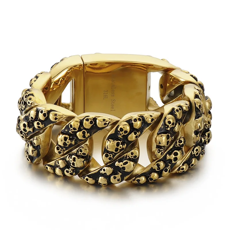 32Mm Heavy Punk Men 18K Gold Color Chunky Skull Bracciale Rock Hiphop Retro Acciaio Inossidabile Fashion Bike Curb Catena Cubana Gioielli