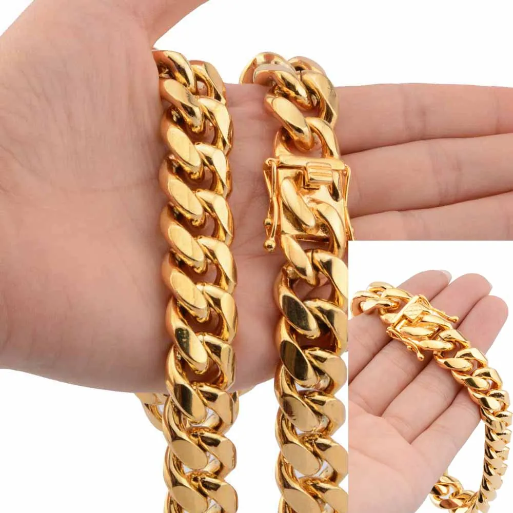 Hip Hop Men Miami Cuban Curb Link Chain Collane Bracciale In Acciaio Inossidabile Placcato Oro 18 Carati Chiusura A Lucchetto Set Di Gioielli Taglia 1
