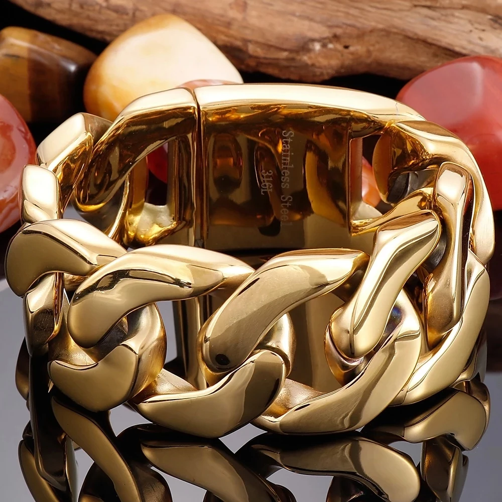 31Mm Heavy Punk Chunky Shiny Miami Cuban Curb Chain Bracciale Per Uomo Hiphop Gioielli In Acciaio Inossidabile Placcato Oro 18 Carati