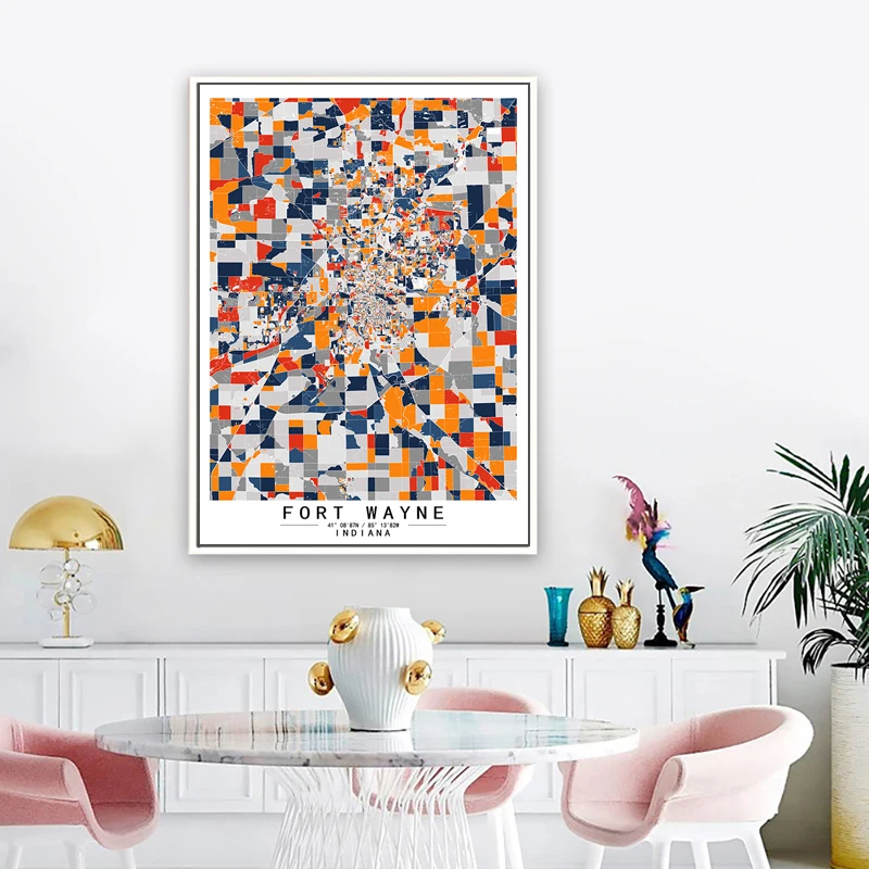 Fort Wayne Indiana America Color World City Map Dipinti Astratti Su Tela Wall Art Print Poster Picture Home Decor