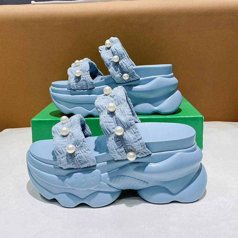 Summer Slippers Women 2022 Fashion Ladies Beach Shoes Wedge Heels Shoe New Woman High Platform Slippers Blue Outside Sandals 8Cm