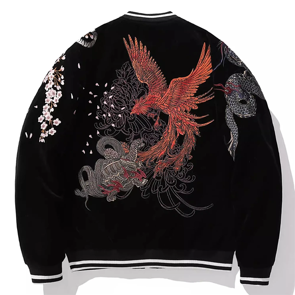 Uomo Ragazzi Vintage Streetwear 4 Animali Drago Nero Tigre Bianca Phoenix Suzaku Snake Turtle Ricamato Sukajan Souvenir Jacket