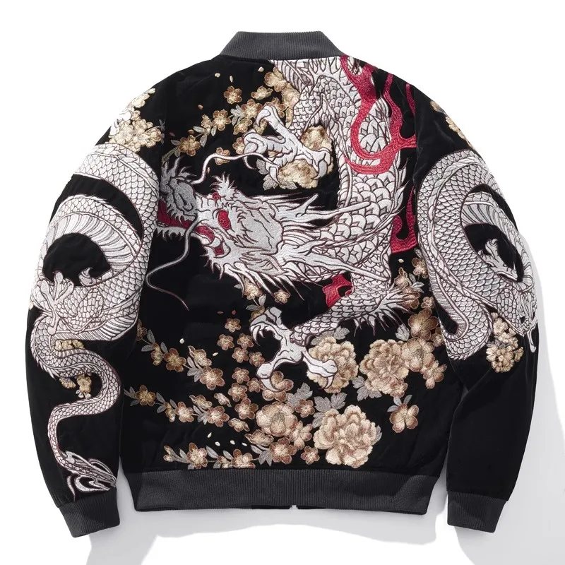 Spedizione Gratuita Boy Men Sukajan Souvenir Jacket Peony White Dragon Ricamato Cappotti Larghi Hip Hop Streetwear Black High Street