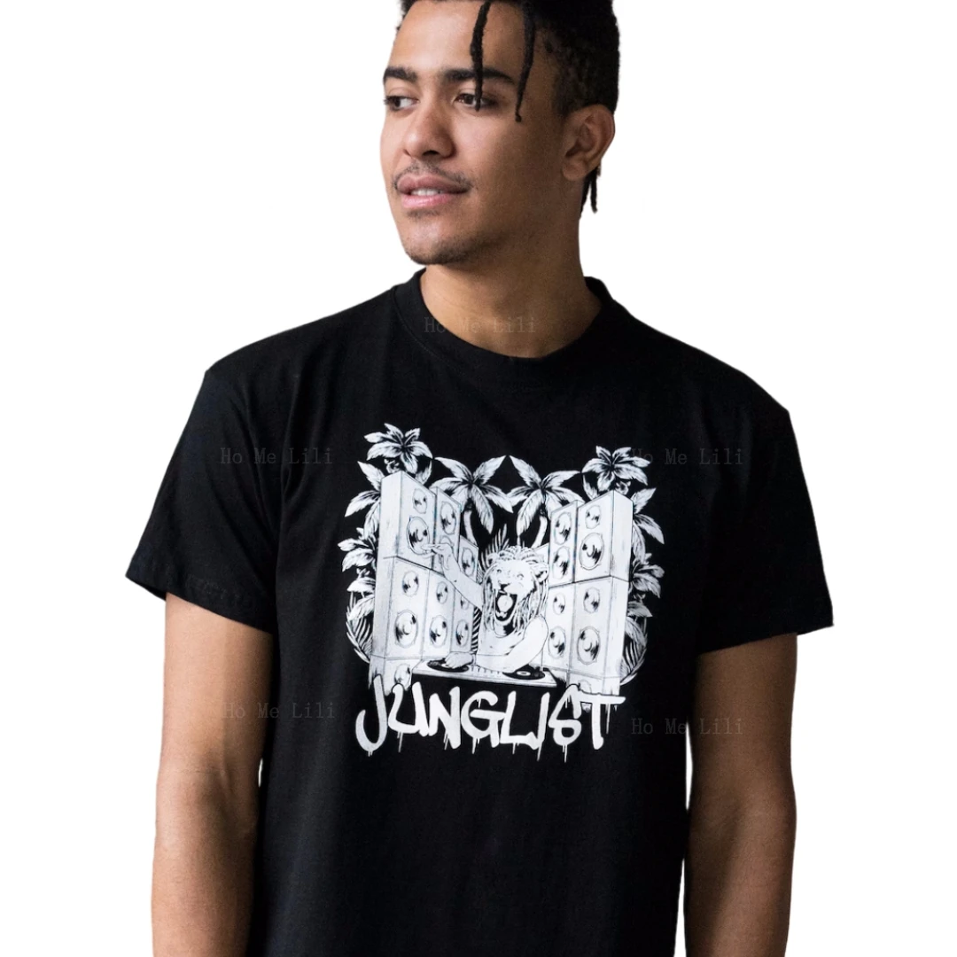 Drum And Bass Lion Dj T Shirt Jungle Massive Junglist Dj & Synth Music Amen Slogan Producer Festival Men'S Printed Black Tee Sho
